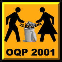 Logo de la coalition OQP2001 : comme un panneau de signalisation (orange) carrée où un bonhomme et bonfemme jettent les mots ZLÉA et ALÉNA aux poubelles. Les personnages ressemblent à ceux sur des panneaux des signalisation routière.
