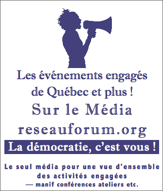 [ Affichette : ombre d'une jeune femme aux cheveux de style africain tenant un porte-voix. Les événements engagés de Québec et plus! Le seul média pour une vue d'ensemble des activités engagées - manif, conférences, ateliers, etc. La démocratie, c'est vous!]